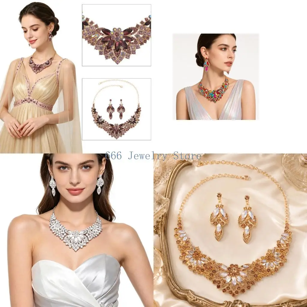 F2TD Alloy Necklace and Earring Set with Floral and Leaf-Inspired Forms, Faceted-Rhinestones Details and Coordinated Styling