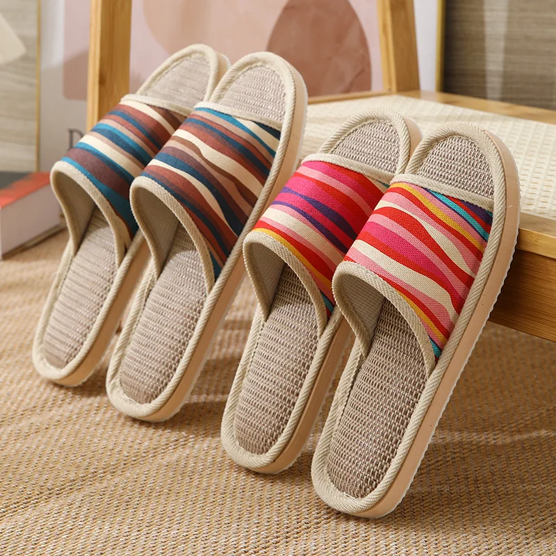 

Couples Striped Linen Indoor Slippers Non-Slip Soft Bottom Shoes Wooden Floors Slippers Indoor House Slides Four Season Use