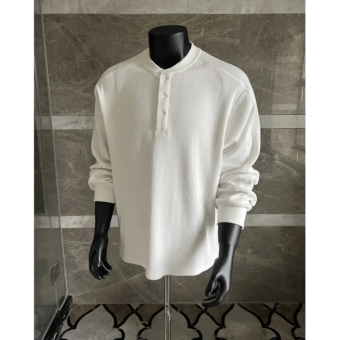 

290 г тяжелая белая толстовка из 100% хлопка с вафельным вырезом на пуговицах, осенняя футболка 2025 года, вафельная вязка