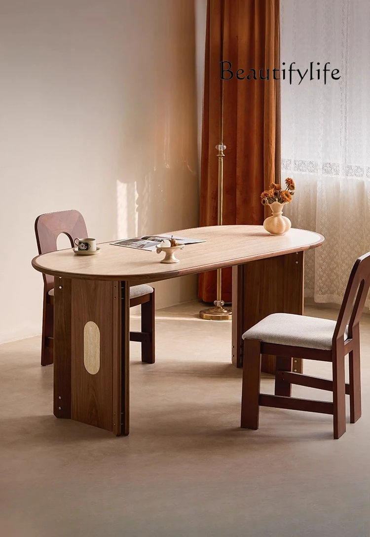 

Travertine Slate Dining Table North American Black Walnut Oval Table Medieval Cream Wind Solid Wood Long Desk