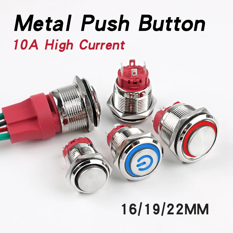 10A High Current Short Body Metal Push Button Switch 16/19/22mm High Head Momentary Latching Ring Light Power Symbol 6V 12V 24V