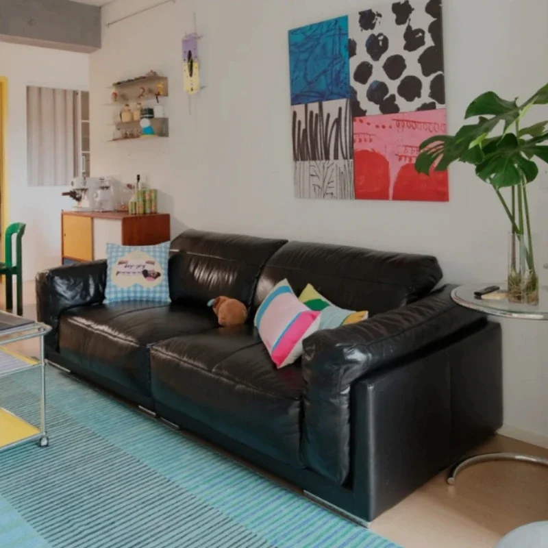 Living Room Sofas And Seating Home Modern American Style Big Black Cow Straight Row Black Oil Wax Leather Comfortable Lazy Sofa