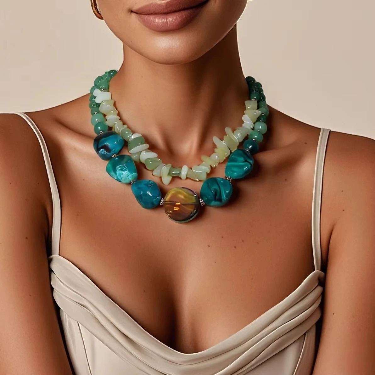 

Double Layer Irregular Green Smudging Acrylic Chokers Necklaces for Women Hyperbole Vintage Beads Neck Chains Banquet Jewelry D1