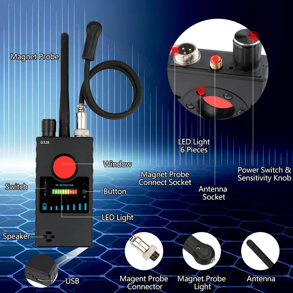 G328 Ultra-high Sensitivity Bug Detect Anti-spy RF Signal Detector Laser Lens Finder GSM GPS Tracker Wireless Spy-Camera Scanner