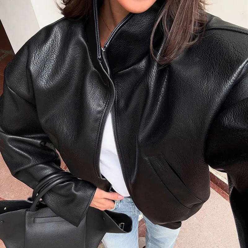 

Black Leather Retro Cropped Jackets Women Zipper Stand Collar Streetwear Coats Solid Long Sleeve Overcoat Elegant Lady Outerwear