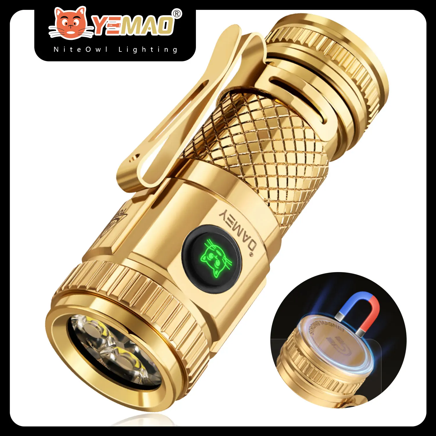 

YEMAO F40CU Mini Flashlight 16340 Powerful EDC Torch with 4* LEDs and Red Flash Aux LED 1200lm IP66 Copper Metal Pen Flashlight