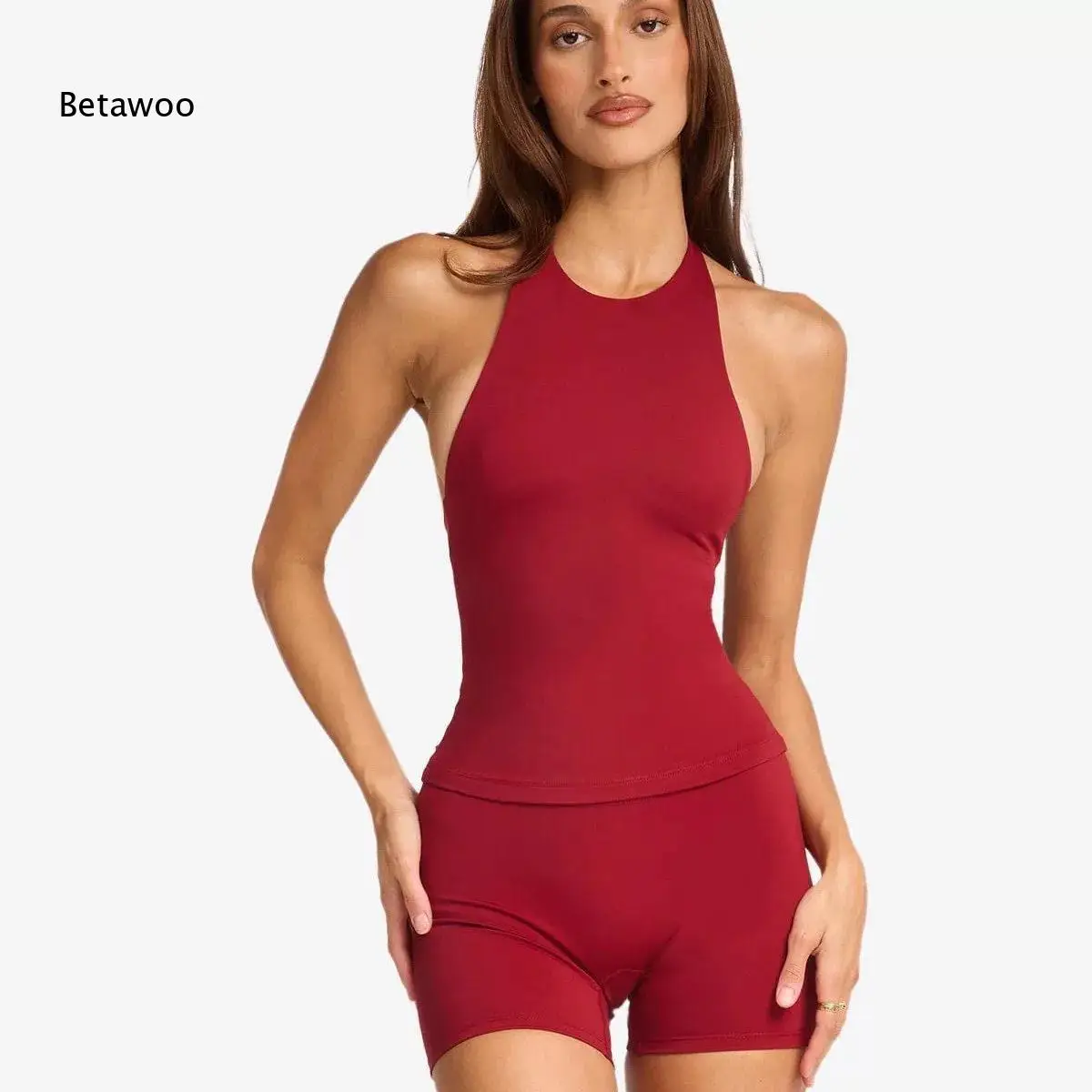 Red Sleeveless Halter Neck Top and High Waist Short Set