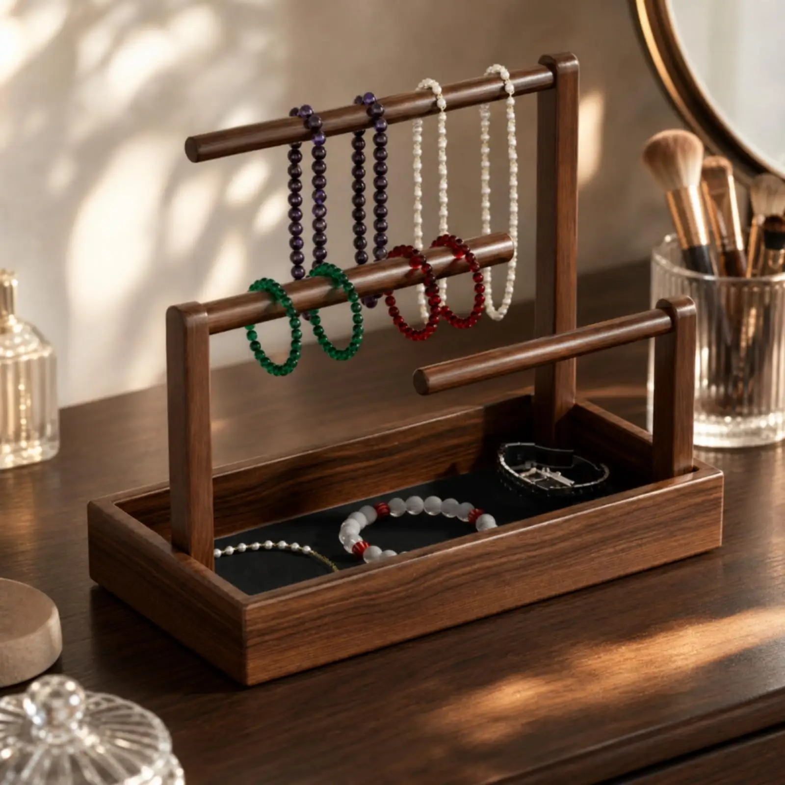 Jewelry Organizer Stand with Wooden Tray Walnut Finish Wooden Jewelry Stand with Tray Multi-Rod for Dressing Table, Vanity,