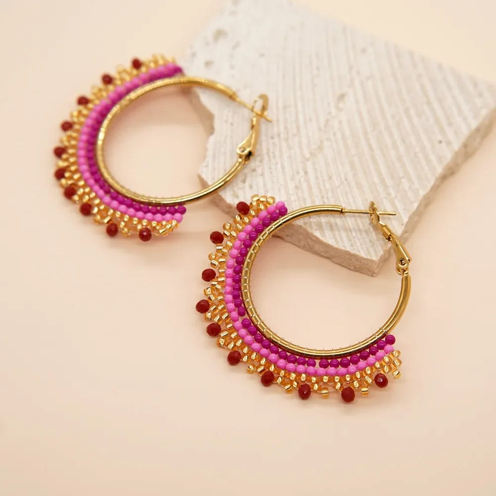 Beaded earrings Circle Originality Chroma Fashion Hand knitting Bohemia Alloy Simple Crystal Rice bead earrings