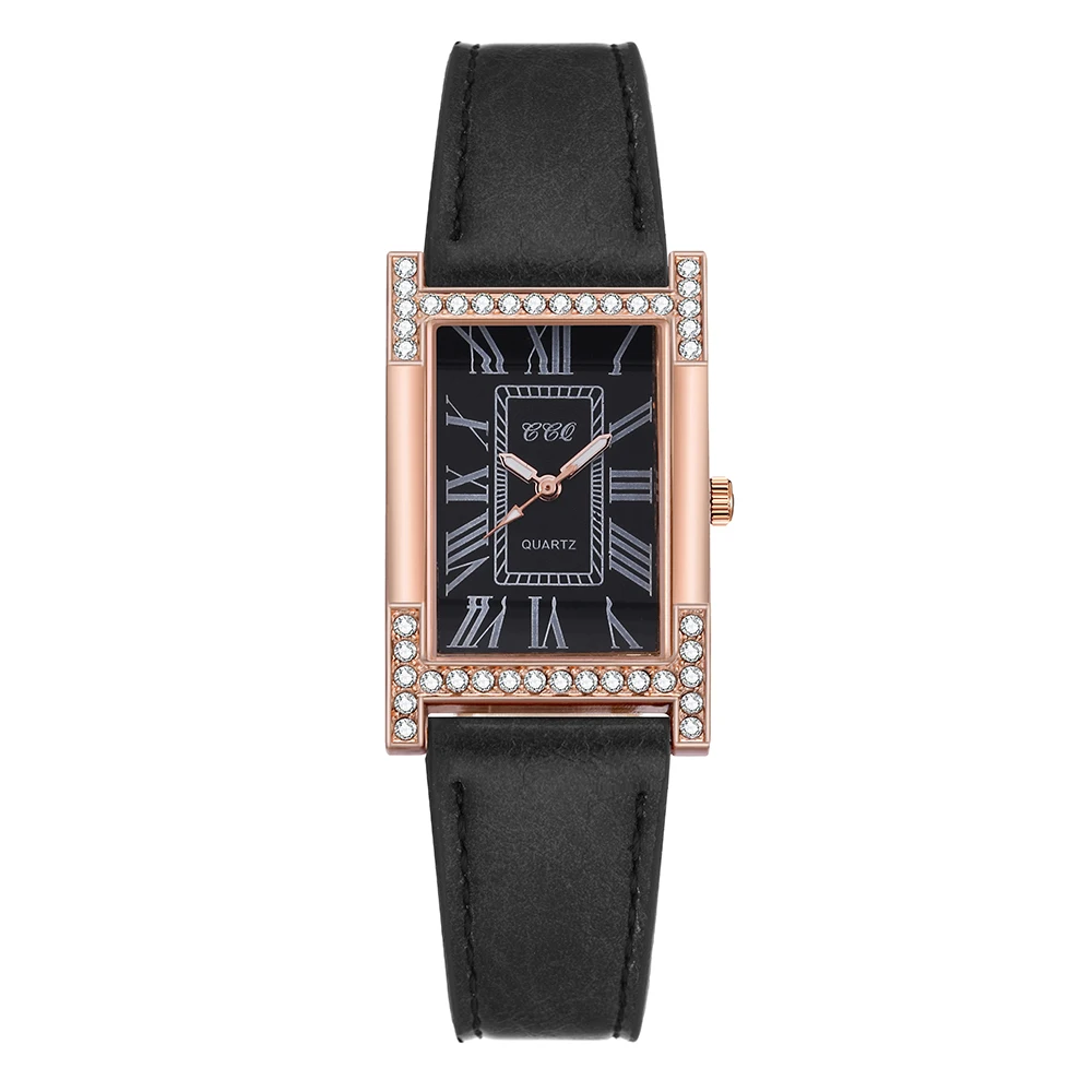 Rome Casual Female Square WristWatch Leather Rhinestone Ladies Clock Women Dress Quartz Crystal Watch Couples Bracelet Watches