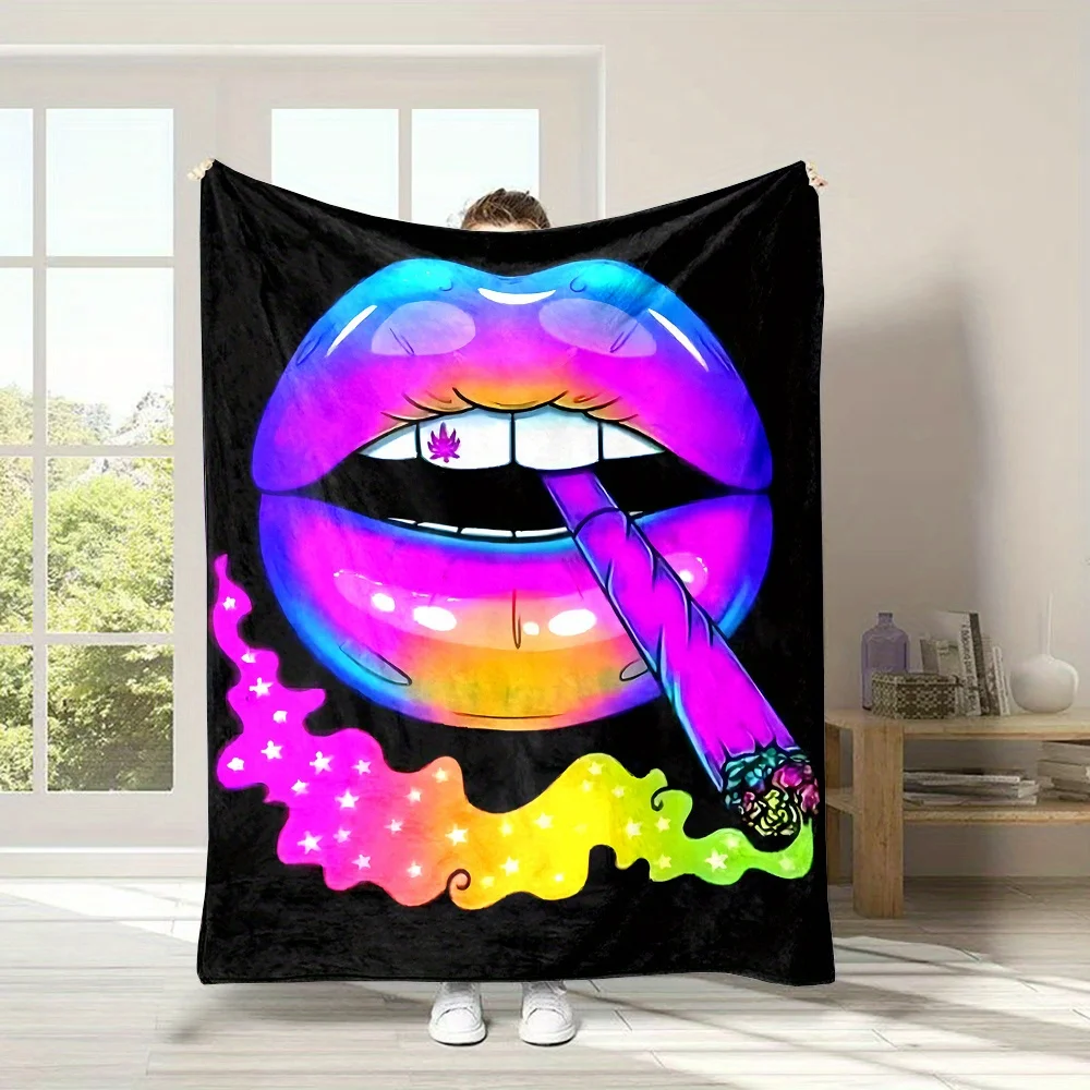 

Colorful Lips & Cigarette Print Flannel Throw Blanket – Soft, Reversible, All-Season Cozy Blanket for Bed, Sofa, or Travel – Per