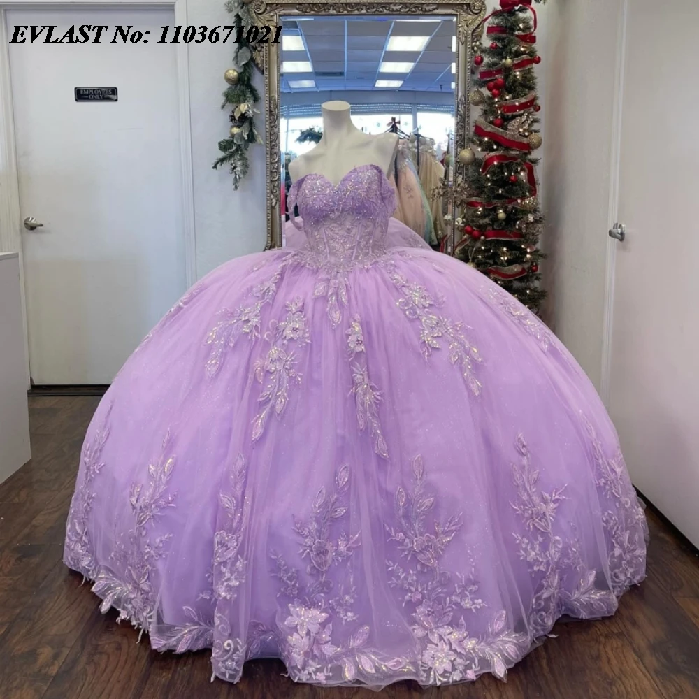 

EVLAST Elegant Purple Quinnceanera Dress Ball Gown Shiny Lace Applique Beading Mexican Corset Sweet 16 Vestidos De 15 Anos SQ688