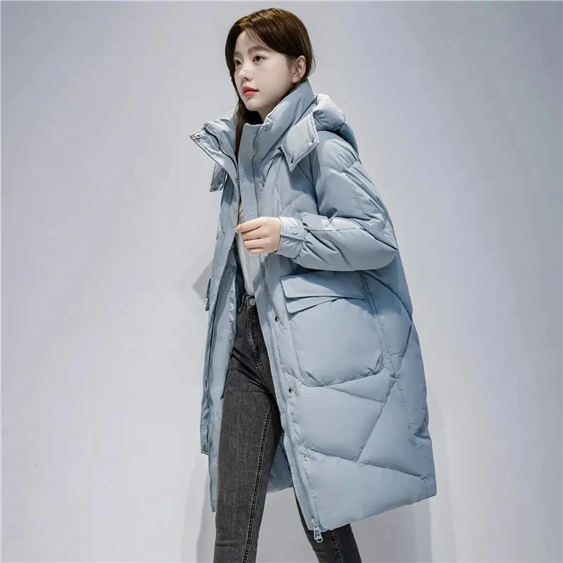 2025 New Korea Down Cotton Coat Long Windproof Tops High-End Parkas Thick Warm Hooded Jacket Female Pocket Winter Parka Outwear