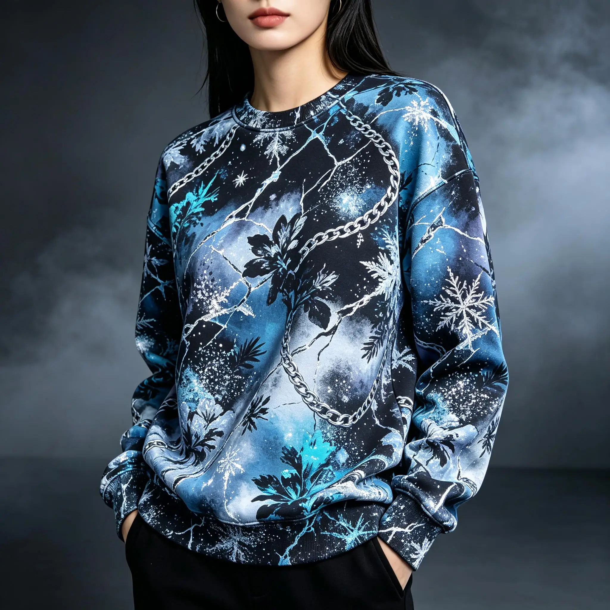 Women Crew Neck Fleece Sweatshirt Green Galaxy Snowflake Chain Print Long Sleeve Loose No Hood Warm Pullover