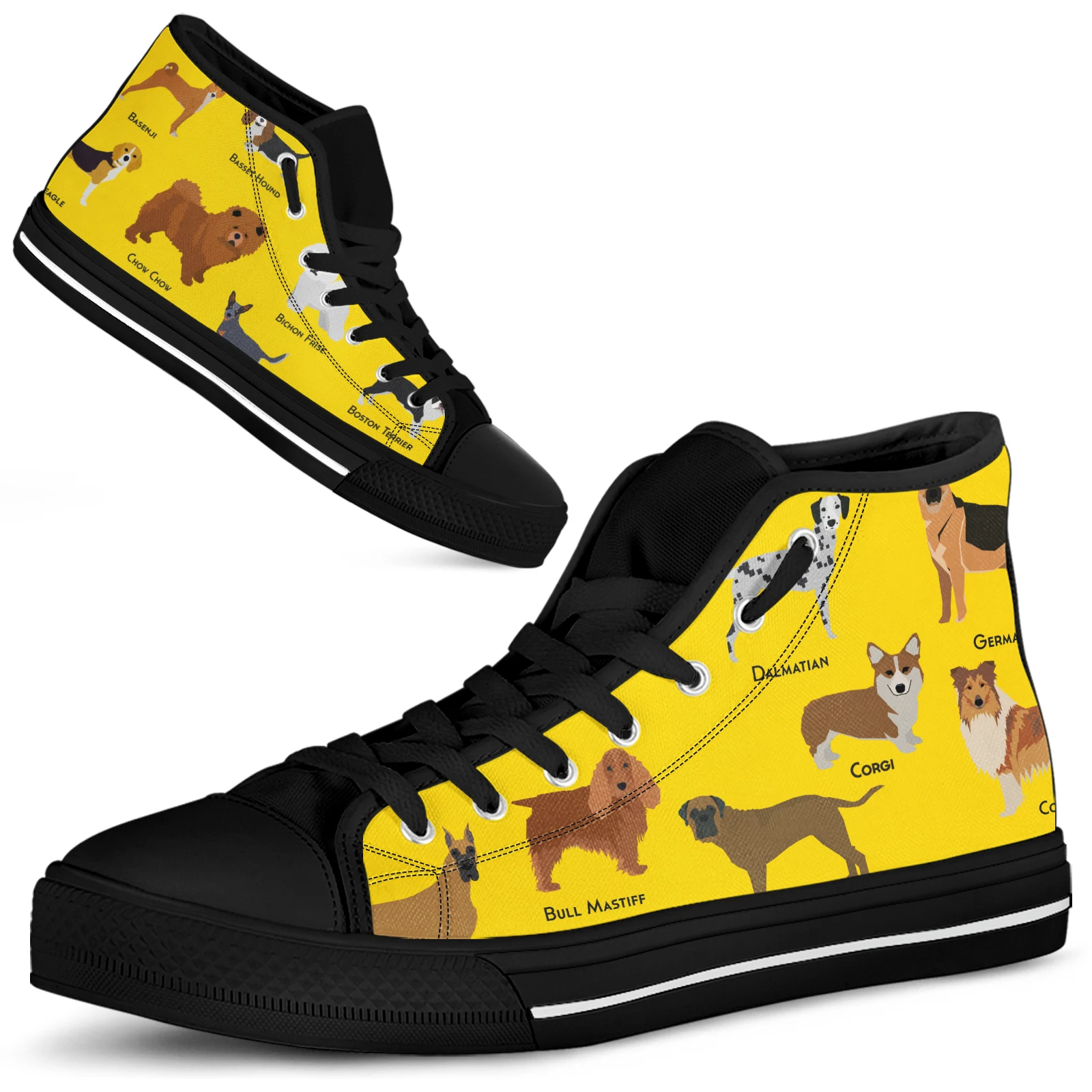 ELVISWORDS Cartoon Bulldog Shepherd Dog Yellow High Top Canvas Shoes For Girls Women Corgi French Bulldog Tennis Shoes Zapatos