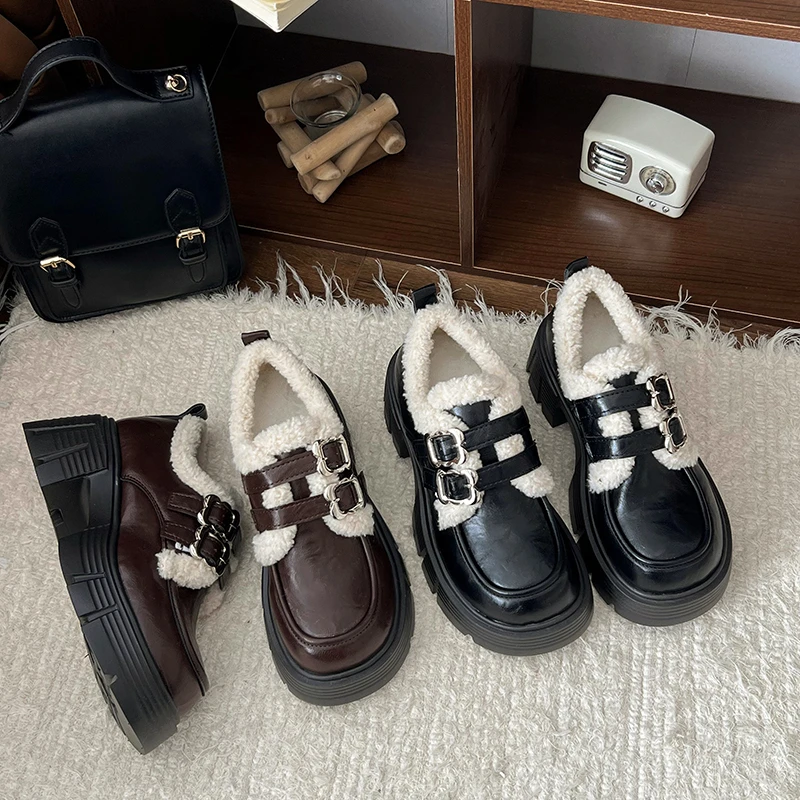 

2025 Womens Thick Heel Cotton Shoes Winter New Round Head Deep Mouth Metal Buckle Thick Sole Anti-slip Wear-resistant High Heels