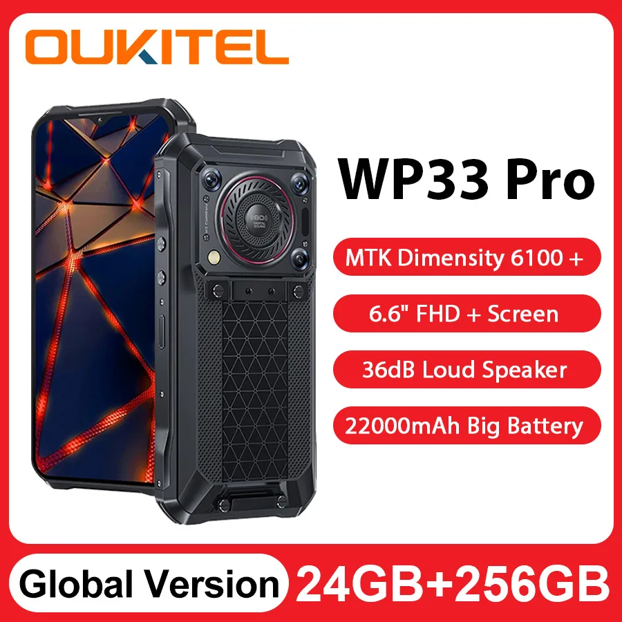 Oukitel WP33 프로 5G 견고한 스마트폰, 24GB 256GB 휴대폰, 22000mAh 6.6 인치 FHD + 휴대폰, 64MP 카메라, 33W Dimensity 6100 +