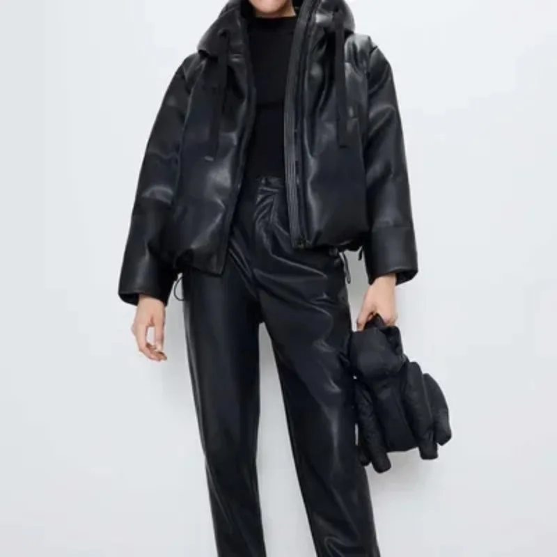 Puレザーパーカー女性ファッションフード付きフェイクレザーコート女性エレガントなジッパー綿ジャケット女性レディース