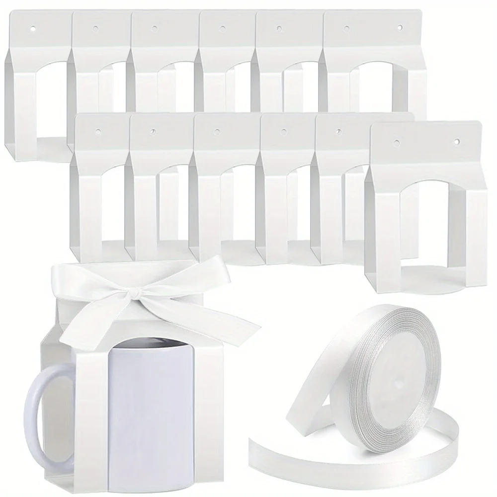 12pack Mug Boxes with 1 Roll Ribbon for Gifts, 11-12oz Sublimation Mugs Gift Packaging Box with Window for Mugs Blanks Gift Wrap