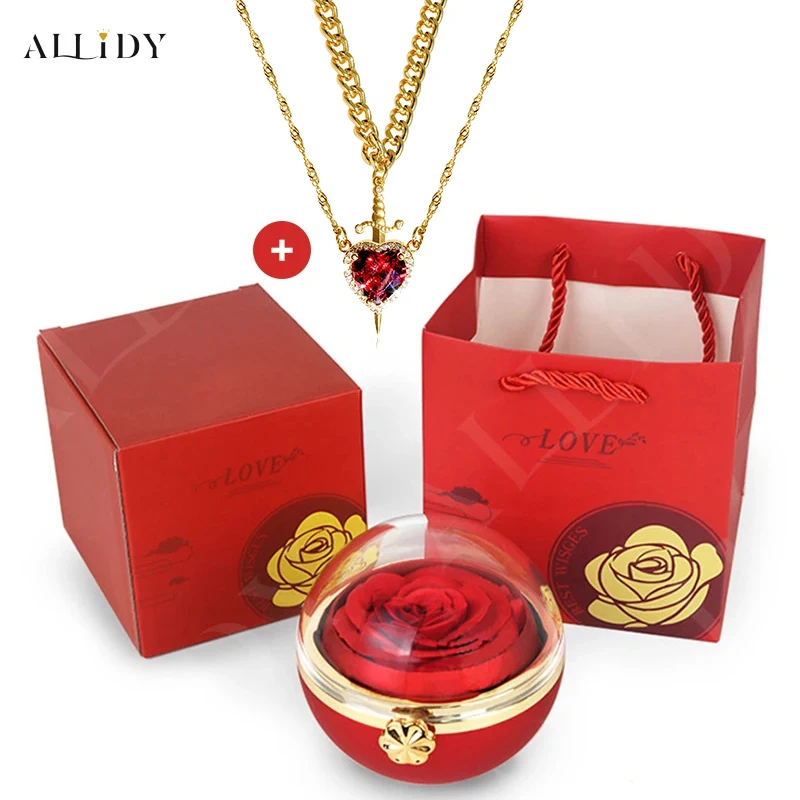 Valentinstagsgeschenk Rote Kristall-Liebeskette Rot Rosa Gold Silber mit echter konservierter Rose Schmuck Geschenkbox-Set – Detail 16