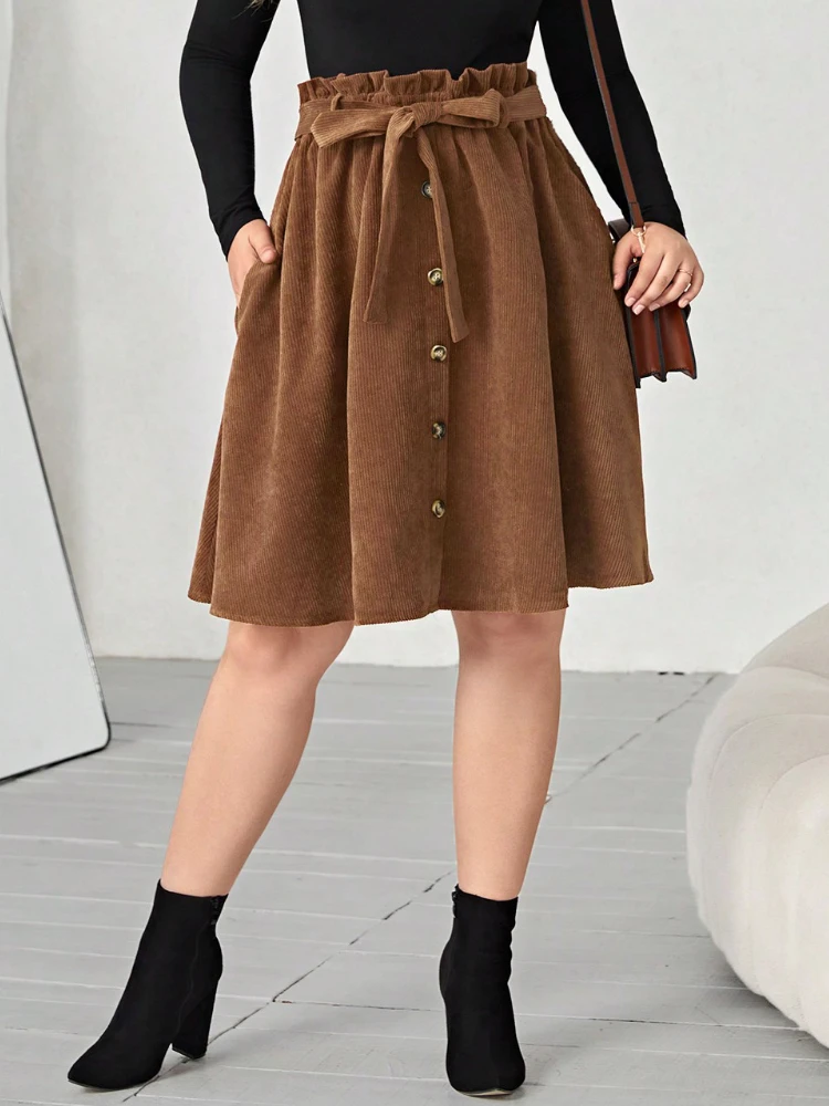 Brown Plus Size Skirts for Women Corduroy High Elastic Waist A Line Vintage Elegant Causal Party Knee Length Skirt with Pockets