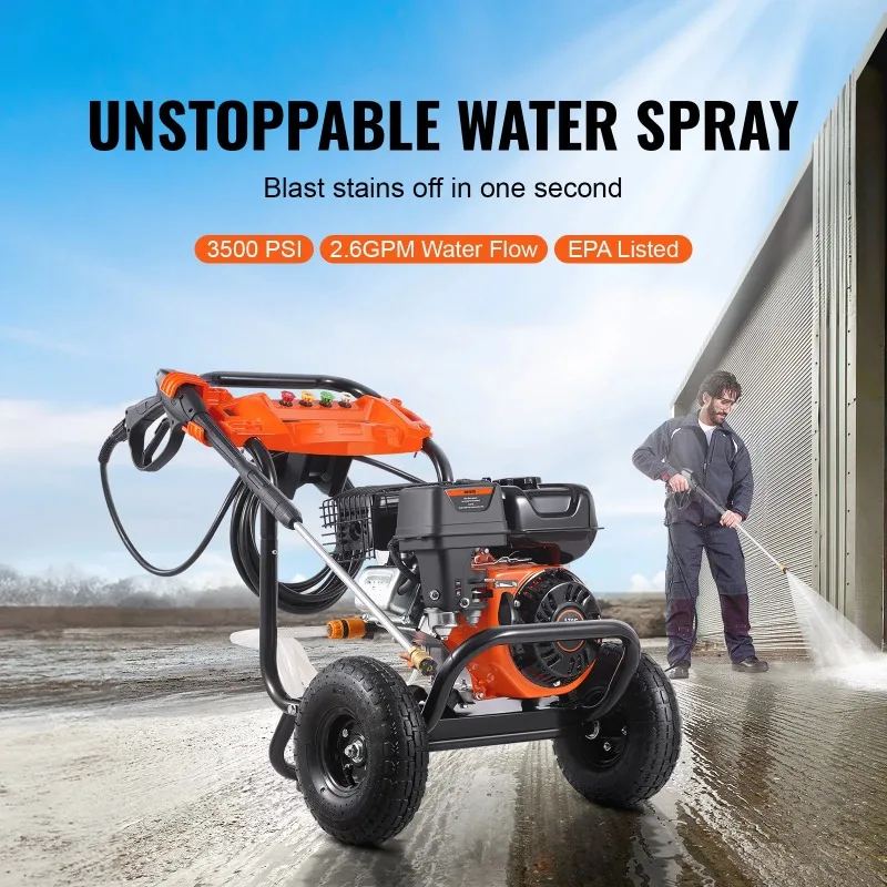 Gas Pressure Washer 3500PSI 2.6GPM Gas Powered with Aluminum Pump Spray Gun Extension Wand 5 Nozzle Set for Cars Fences