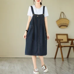 #2184 letnia sukienka w stylu Vintage bez rękawów na ramiączkach spaghetti kobiety kieszenie luźne kombinezony dżinsowa sukienka damska seksowna Retro do kolan