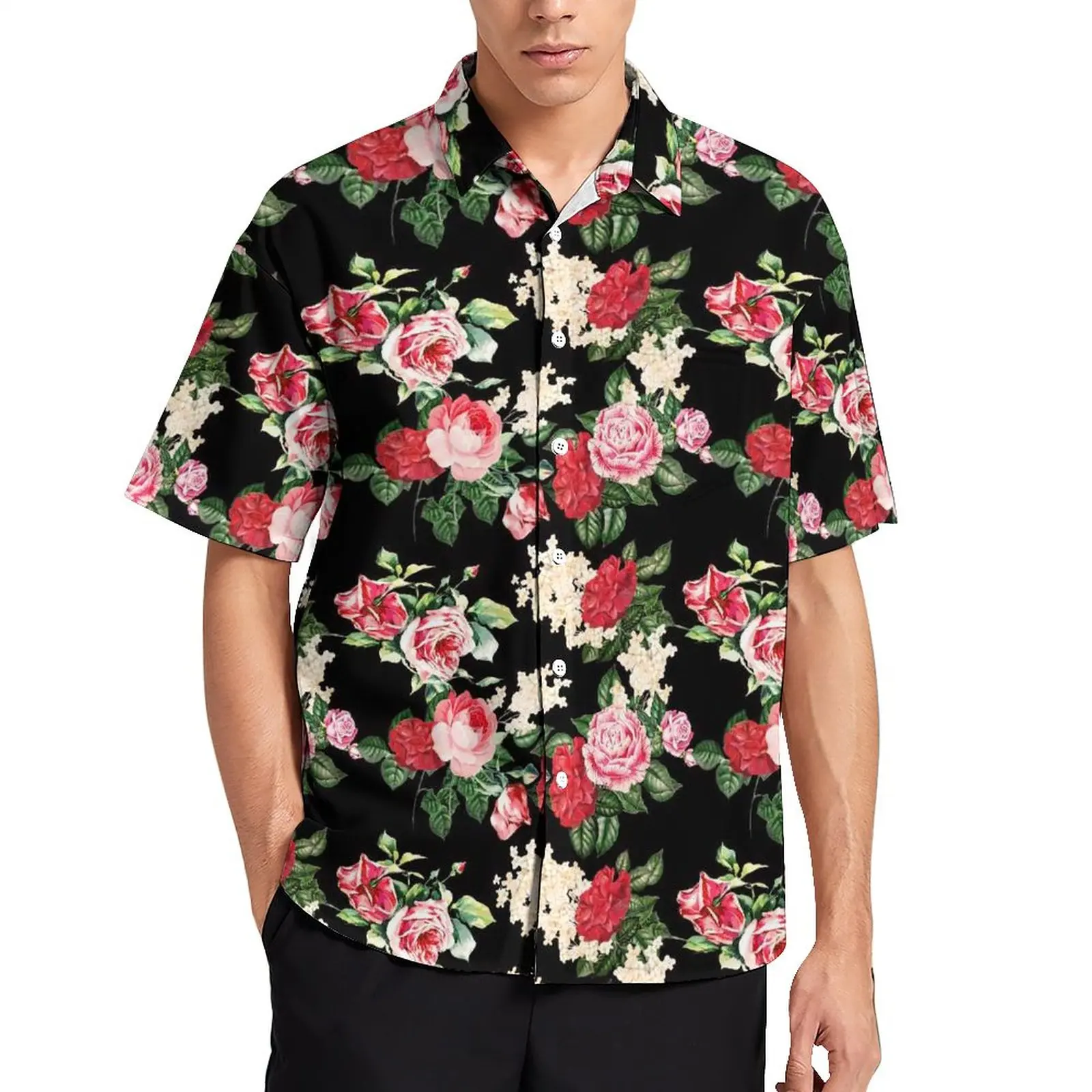 

Retro Flower Print Vacation Shirt Rose Leaf Hawaiian Casual Shirts Male Streetwear Blouses Short Sleeve Design Tops Plus Size