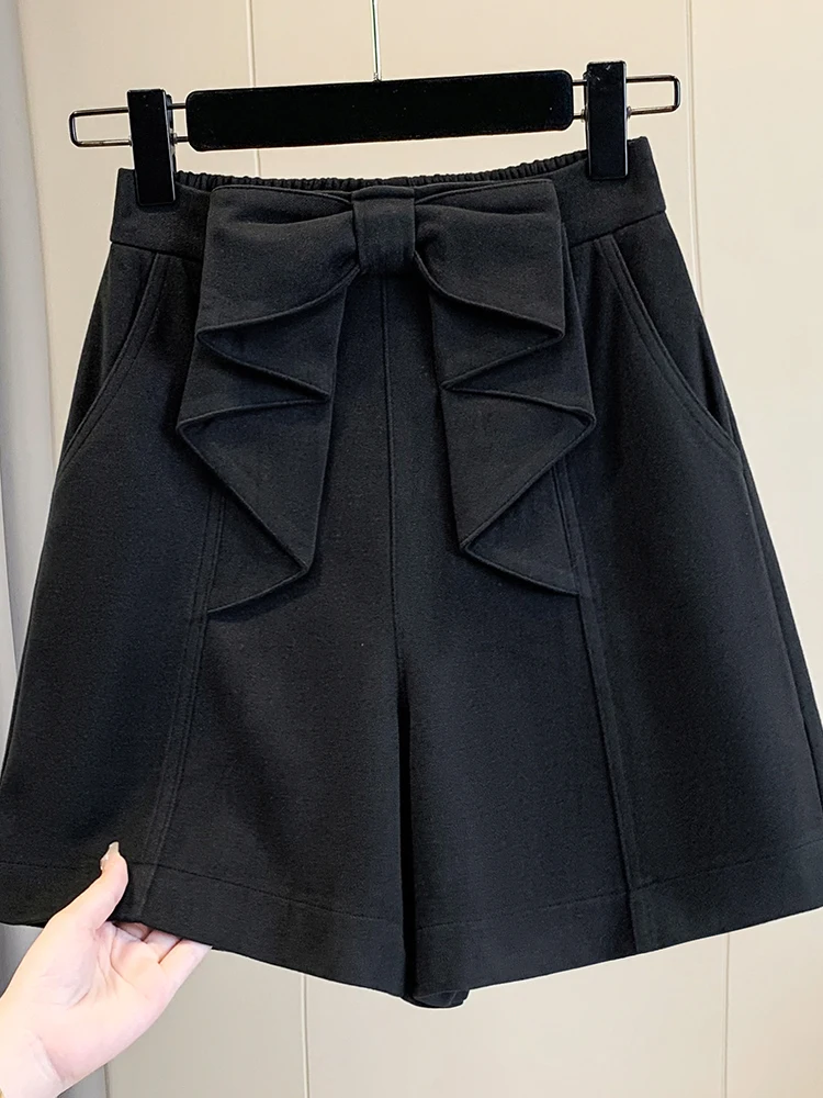 Authentic Fall Winter plus Size Fashionable Woolen Shorts Loose Black Base Layer Shorts Wide Leg Pants High Waist Korean Style
