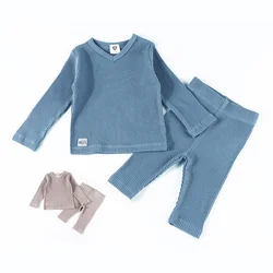 Unisex Girls Boys Pajamas Long Sleeve Top & Pants Soft Cotton Ribbed Sleepwear 2 Pcs Pjs Set Toddler V-neck Clothes Snug Fit Set