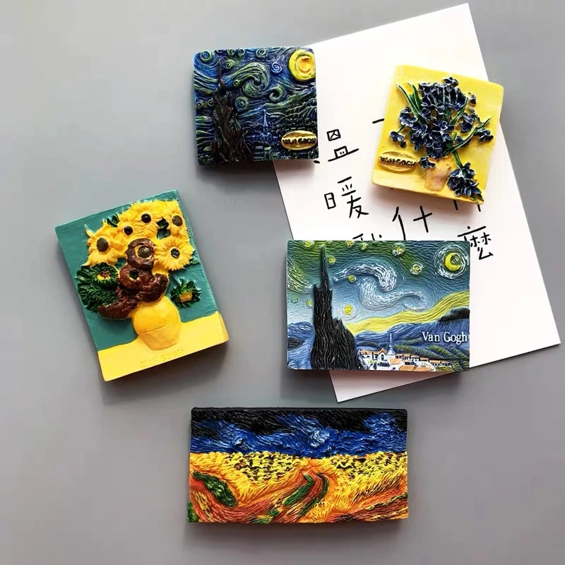 Colección 3D de gama alta, pintura de fama mundial, Estrella de Van Gogh, girasol, flamenco, pasta de resina, imán de refrigerador