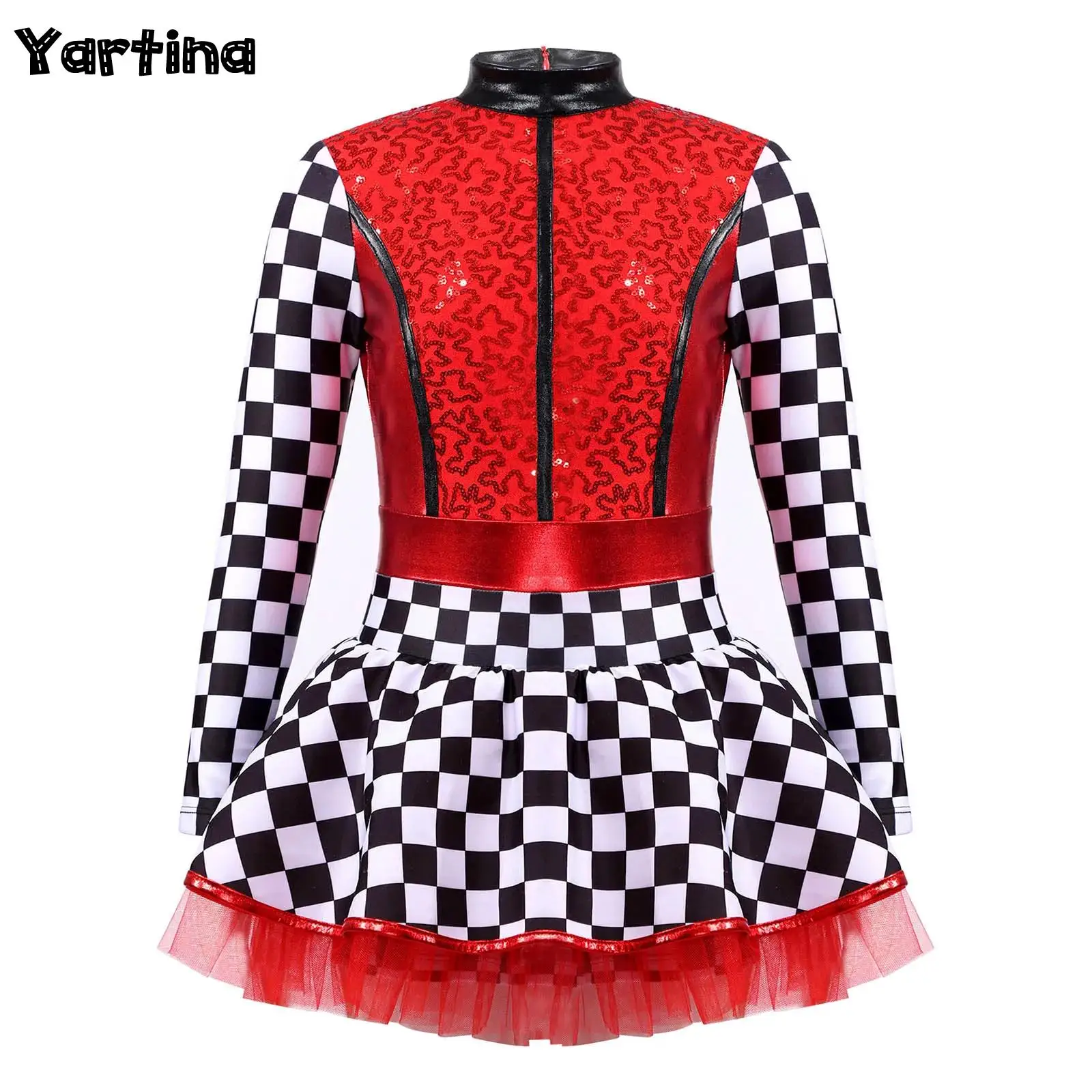 

Kids Girls Racer Racing Driver Cosplay Costume Checkerboard Ballet Tutu Dress Long Sleeve Mock Neck Sequin Patchwork Jumpsuit