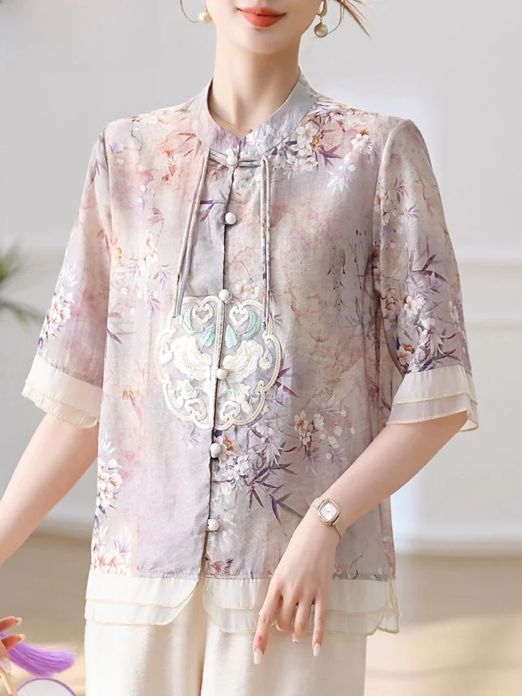 

Cotton Linen Set for Mom over 50 Summer New Sle Mid-aged And ly Spring Summer National Sle ort Sve Top Women