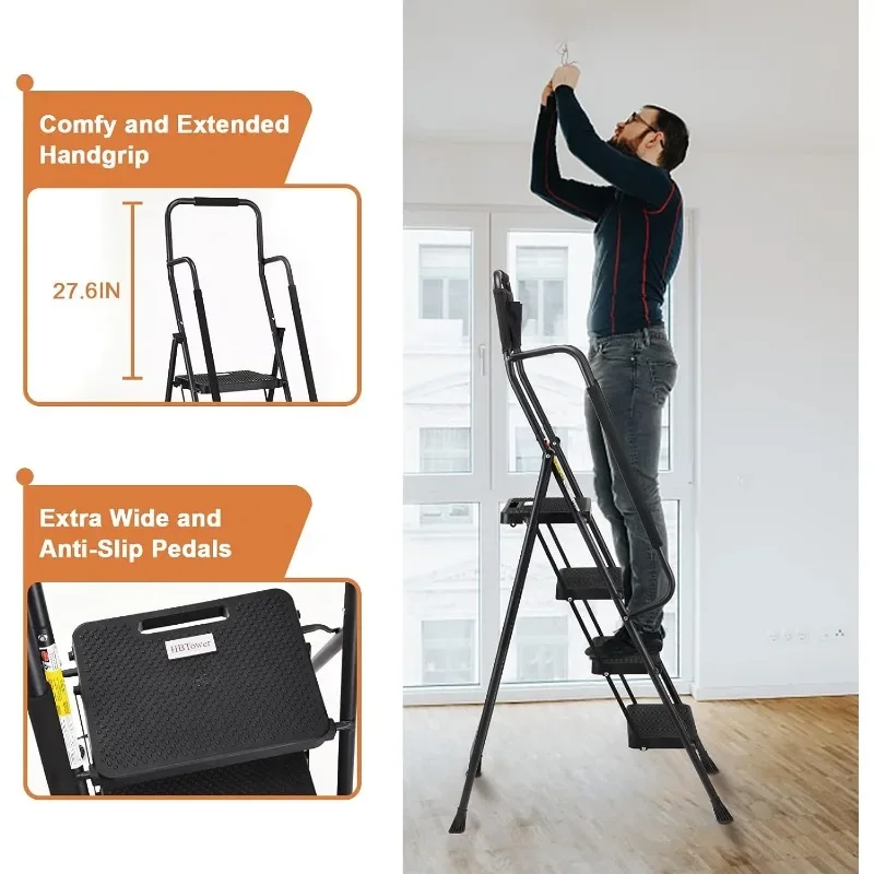 Escalera de 4 escalones con pasamanos, taburete plegable con bolsa de herramientas acoplable y Pedal ancho antideslizante para el hogar, cocina, despensa y oficina