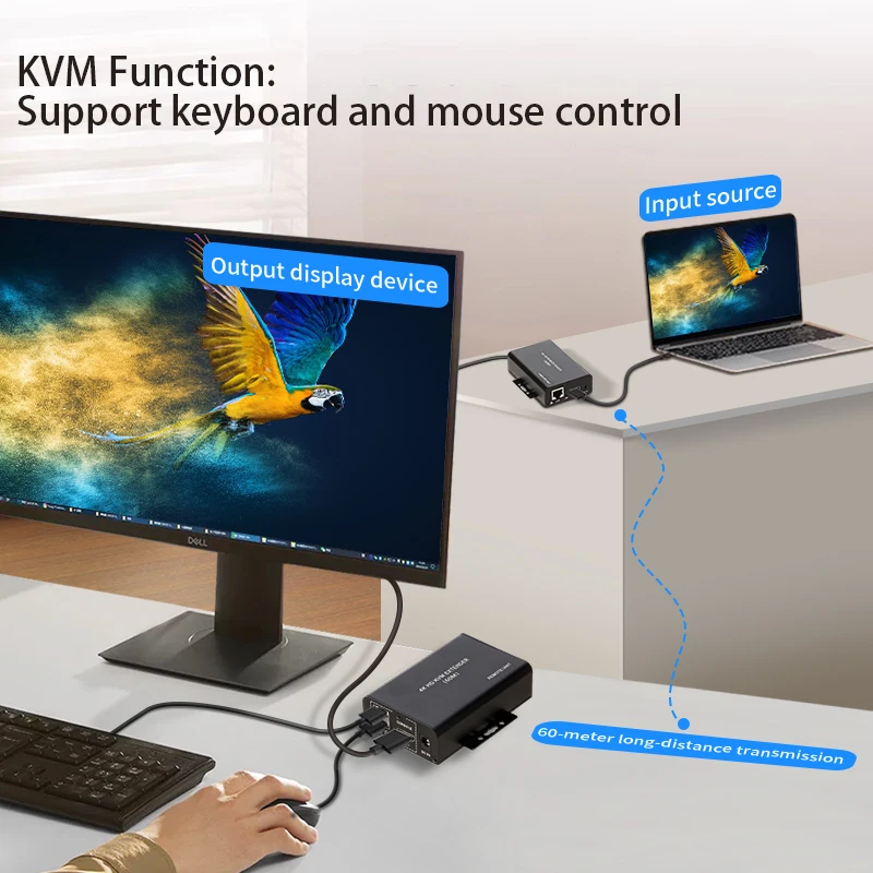 4K HDMI KVM موسع 60M عبر RJ45 إيثرنت Cat6 كابل HDMI USB KVM موسع الفيديو مع 2 إخراج حلقة التدريجي دعم لوحة مفاتيح الماوس