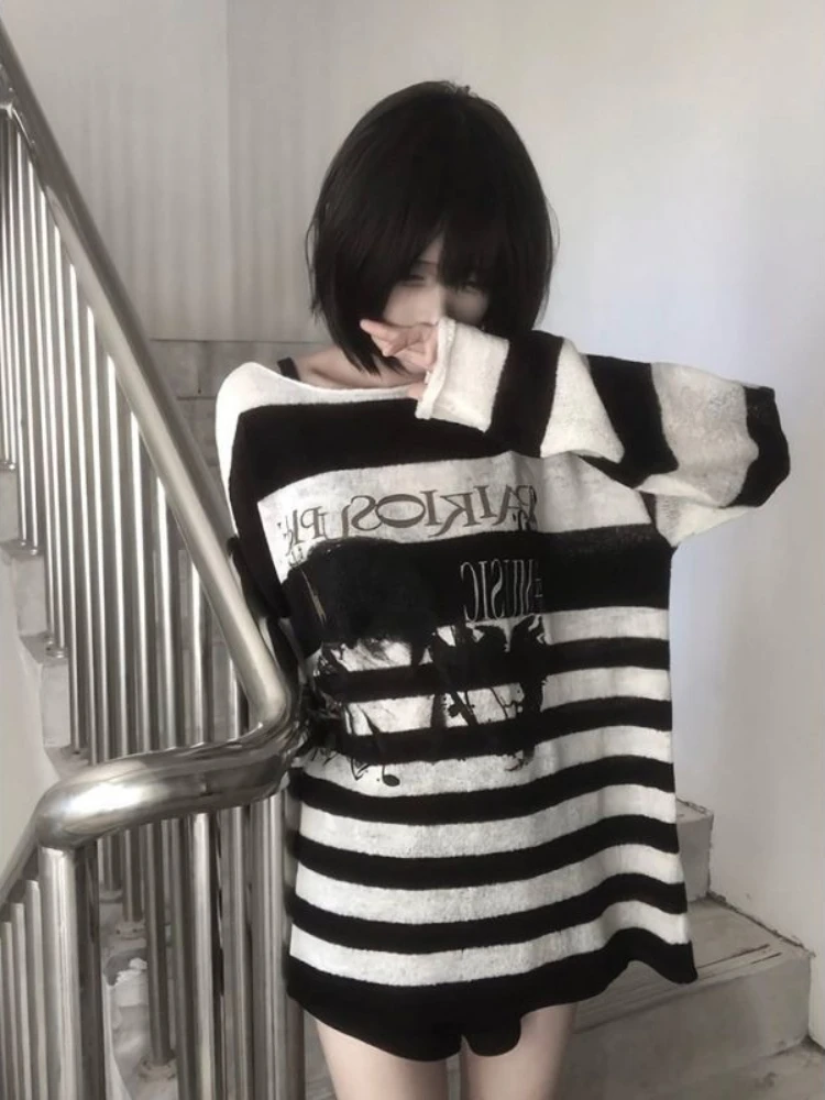 

Американский винтажный полосатый пряный свитер, вязаный однотонный свитер с длинными рукавами и буквенным узором, модный повседневный пуловер, женский осенний