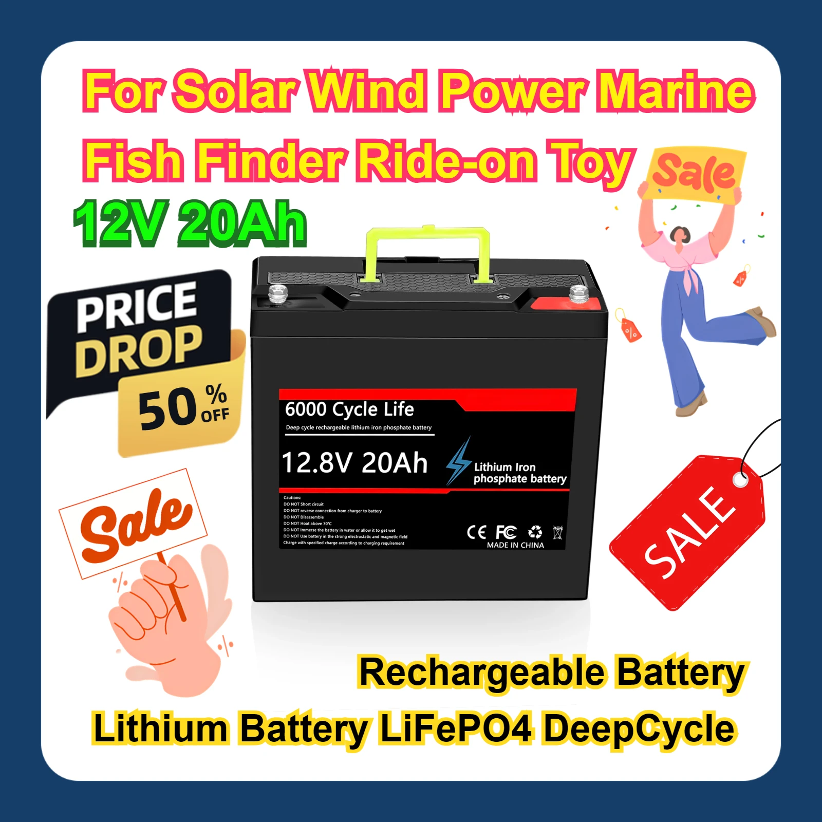 

For Solar Wind Power Marine Fish Finder Ride-on Toy 12V 20Ah Lithium Battery LiFePO4 DeepCycle Rechargeable Battery