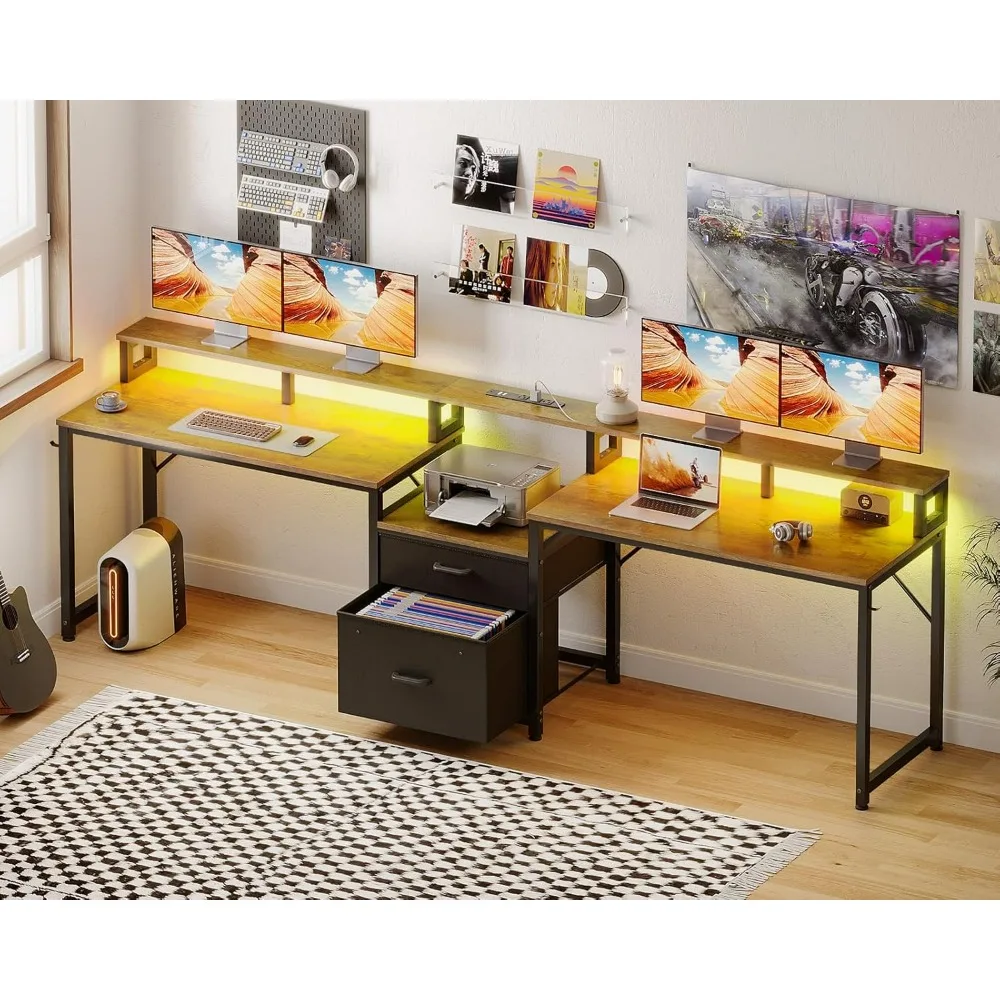 

98 Inch 2 Person Gaming Computer Desk with Fabric Drawer & File Cabinet, Two Person Long Writing Home Office Desk with Power Ou