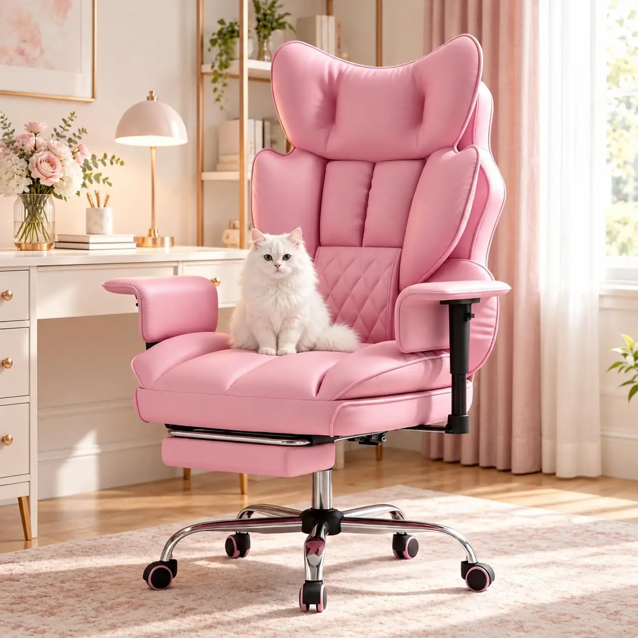 Big and Tall Gaming Chair 400lbs, Heavy Duty Office Chair with Footrest, High Back Computer Chair with Thick Padded Seat and Lumbar Support, Wide Seat Reclining PU Leather Chair, Pink