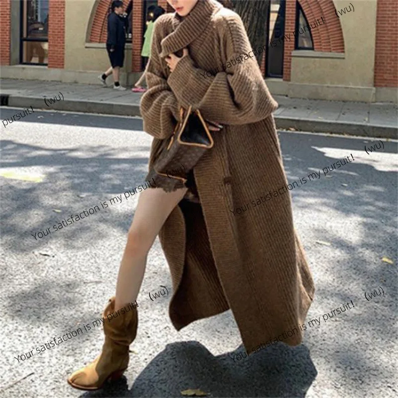 

Свободный и длинный вязаный кардиган в ленивом стиле, женский осенне-зимний новый корейский вариант, мягкий восковой свитер с вощеным воротником-стойкой