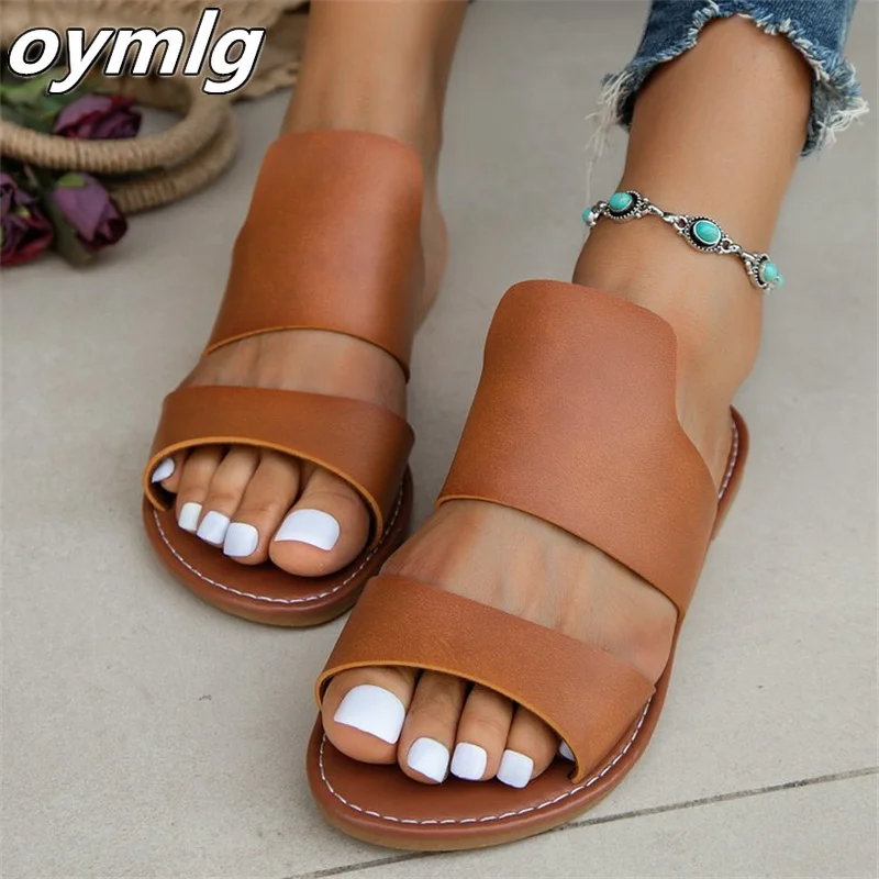 Flat bottom slippers for women 2023 summer new solid color round head casual sandals for external wear