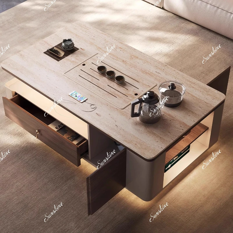 Italian minimalist travertine rock slab Kung Fu tea table integrated living room household
