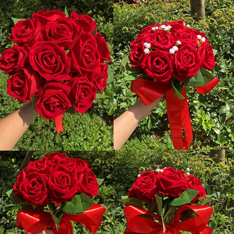 

Chinese red bride holds flower for wedding, Korean style forest simulation flower DIY material