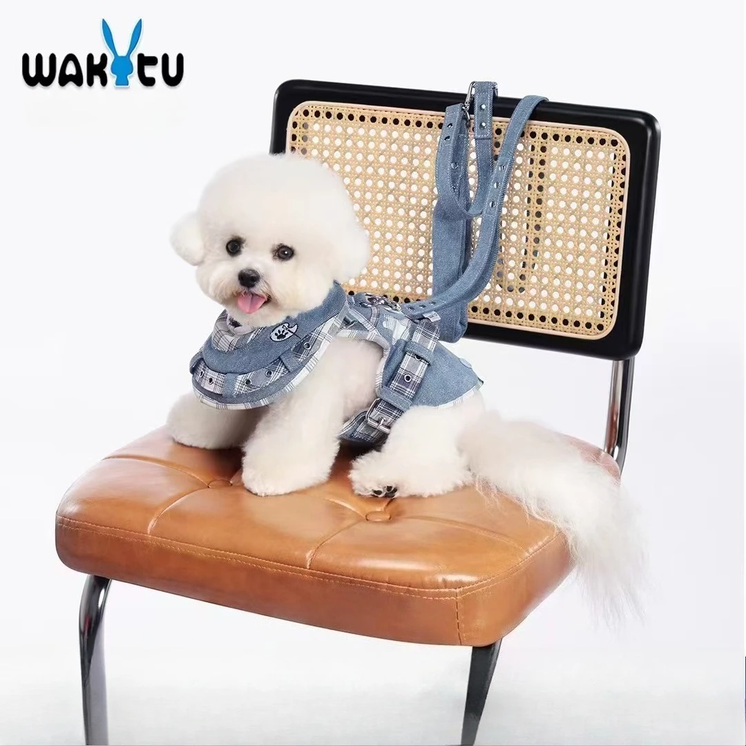 

Wakytu Dog Leash Vest Type Pet Chest Strap Denim Corduroy Cat Out Anti-break Free Small Dog Leash Harnesses Leads Chest Strap