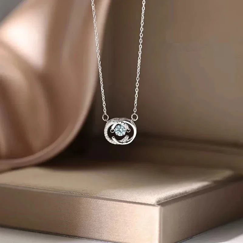 Moon And Star Pendant Necklace Moving Blue Cubic Zirconia Charm Cable Chain Necklace Women Jewelry