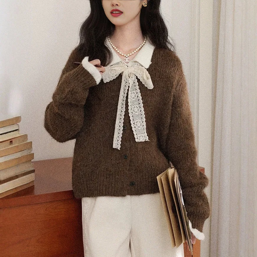 Retro Elegant Coffee Spliced Bow Knitted Cardigan Top Women's Autumn and Winter Thin Long-sleeved Single-breasted Sweater