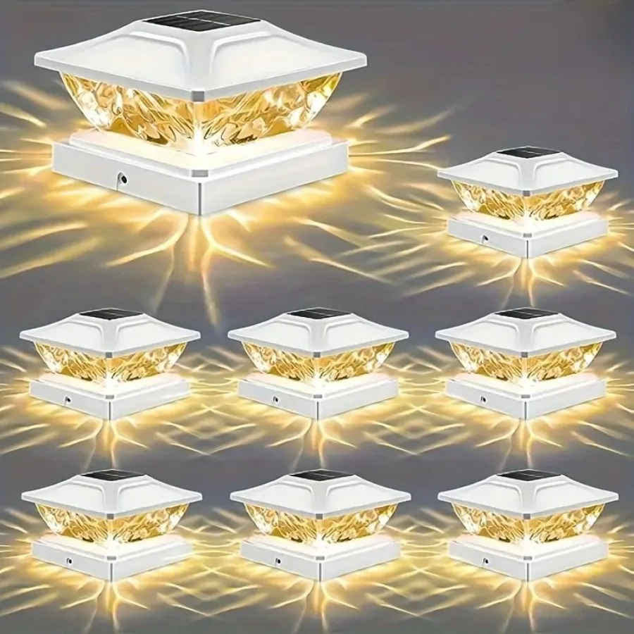 أضواء عمود الطاقة الشمسية في الهواء الطلق 8 حزمة LED دافئ أبيض بارد 2 طرق يناسب أعمدة خشبية 3.5x3.55x5 مثالية لسياج سطح الحديقة والشرفة و