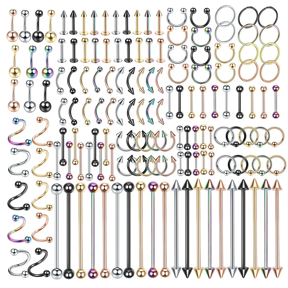 

150PCS Body Piercing Jewelry 14G 16G 20G Stainless Steel Nose Lip Tongue Tragus Eyebrow Industrial Barbell Belly Rings