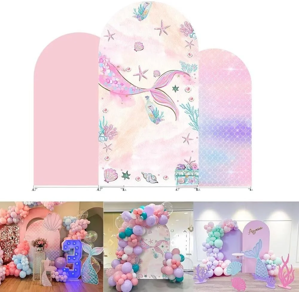 アーチ型背景カバー-マーメイドフィッシュスケール-ピンク-誕生日パーティーデコレーション-スパンデックスカバー-キアラアーチスタンド用-海中風
