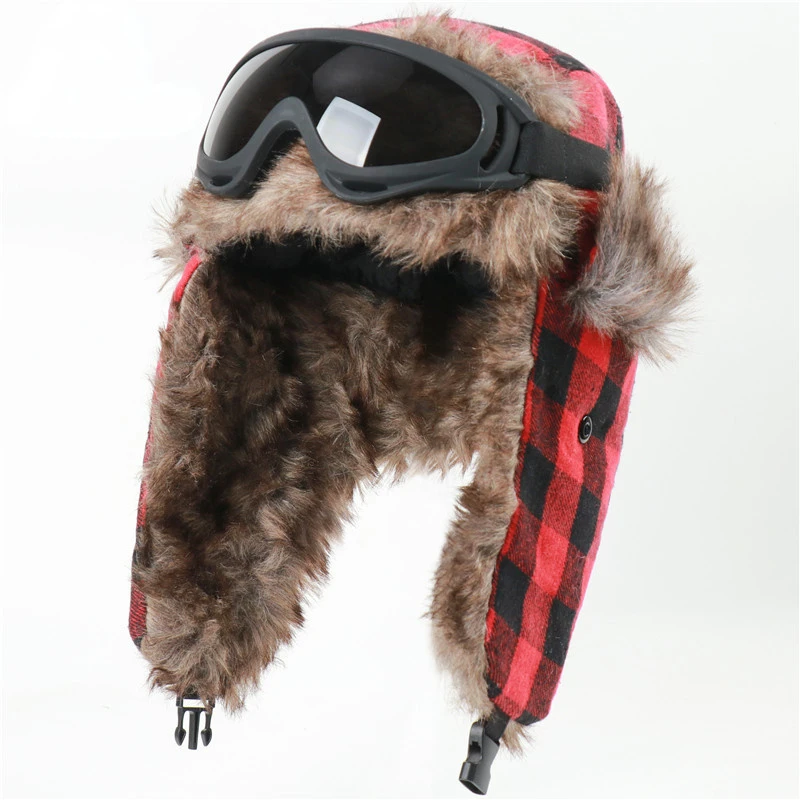 2022 Plaid Design Winter Bomber Hats Women Men Thermal Faux Berber Fleece Earflap Cap Russian Ushanka Hat with Goggles Fashion